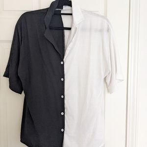 Shein Curve Black and White color block short sleeve button down blouse